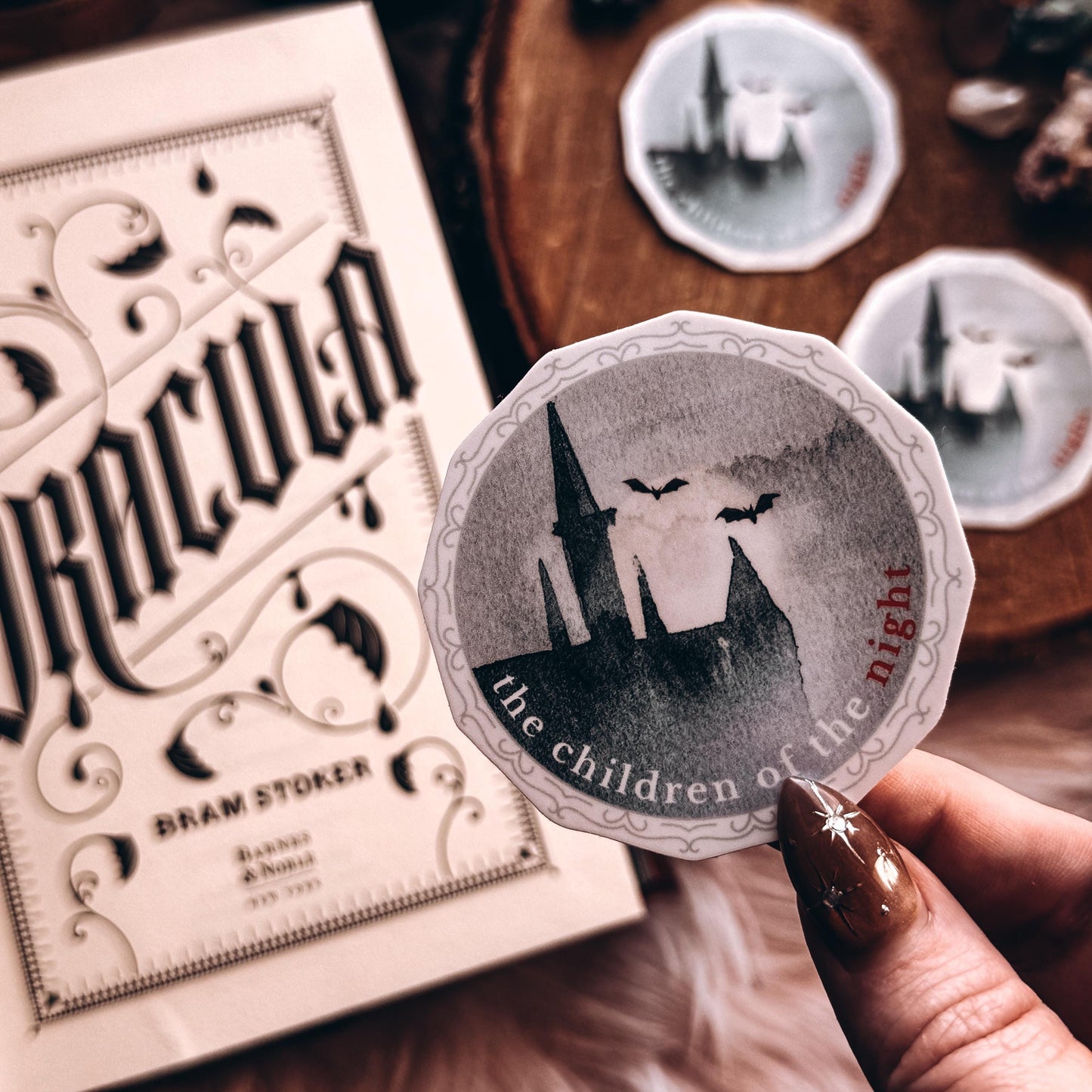 Dracula Vinyl Sticker Children of the Night Quote, Gothic Vampire Sticker with Castle and Bats Flying across the Moon
