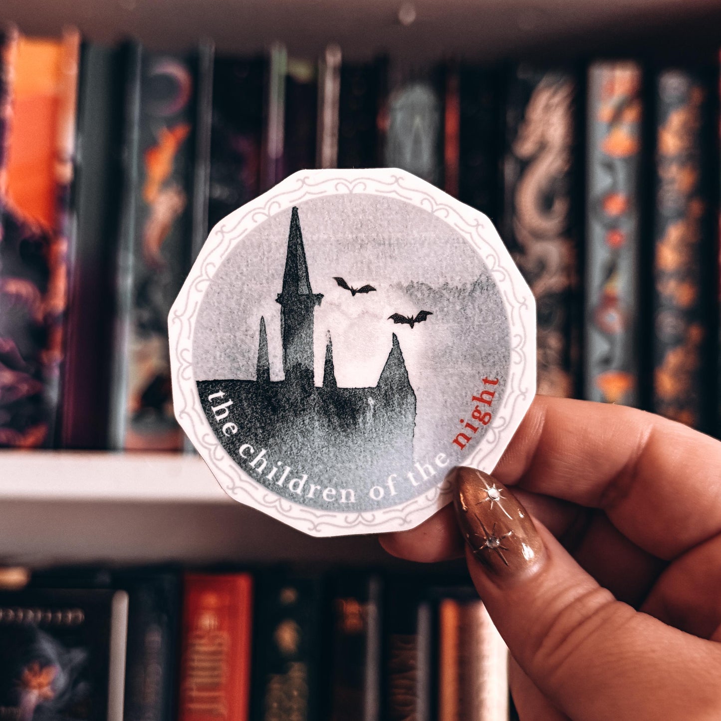 Dracula Vinyl Sticker Children of the Night Quote, Gothic Vampire Sticker with Castle and Bats Flying across the Moon