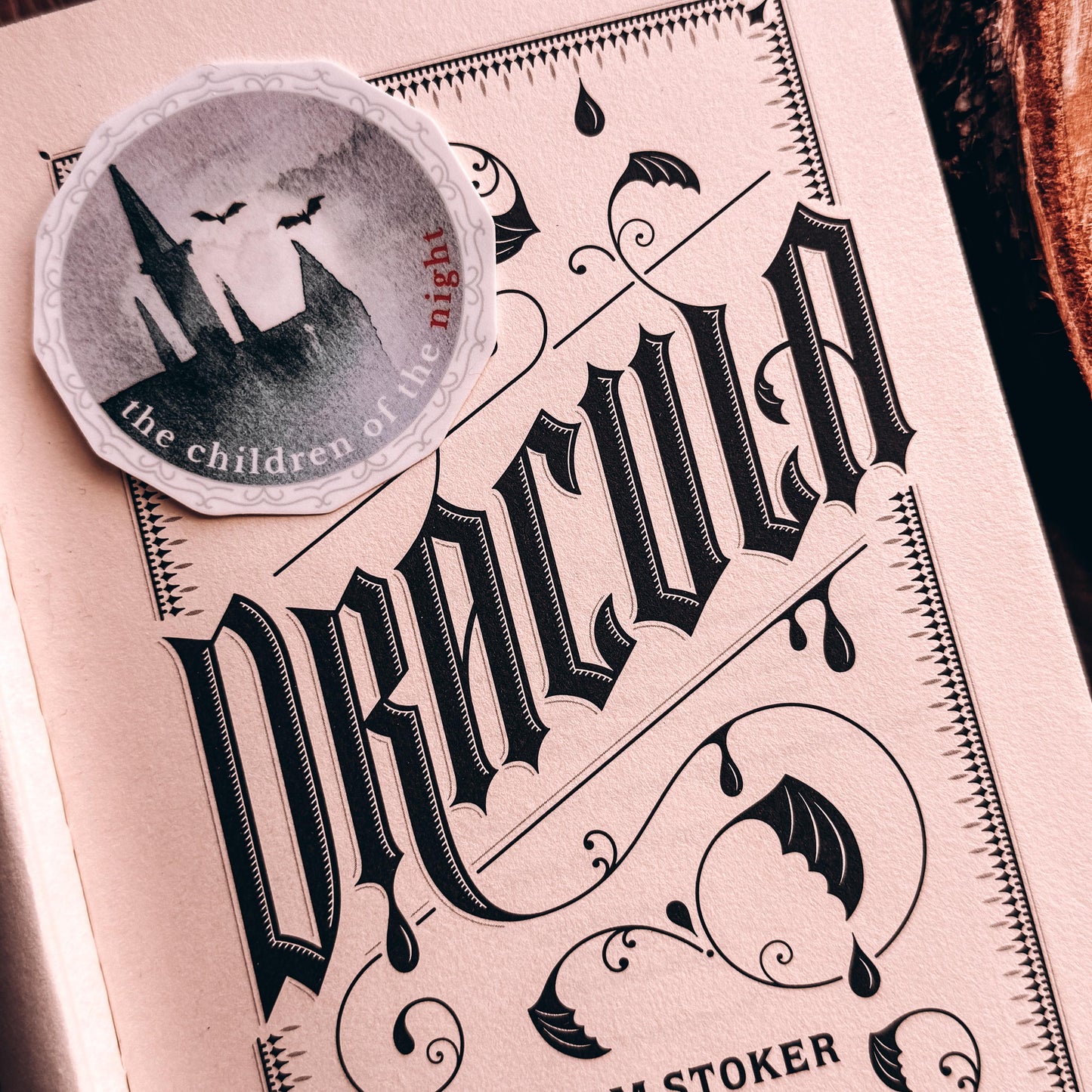 Dracula Vinyl Sticker Children of the Night Quote, Gothic Vampire Sticker with Castle and Bats Flying across the Moon