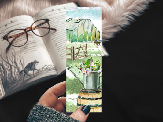 Spring Gardening Handmade Watercolor Bookmark, Greenhouse and Flowers Gift for Bookish Mothers Day