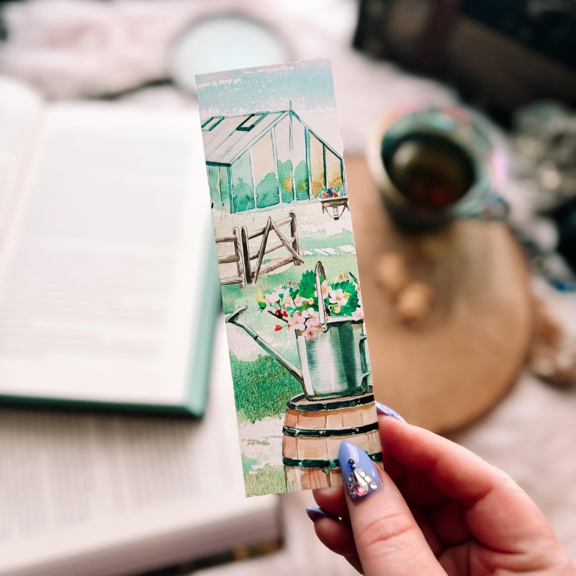 Spring Gardening Handmade Watercolor Bookmark, Greenhouse and Flowers Gift for Bookish Mothers Day