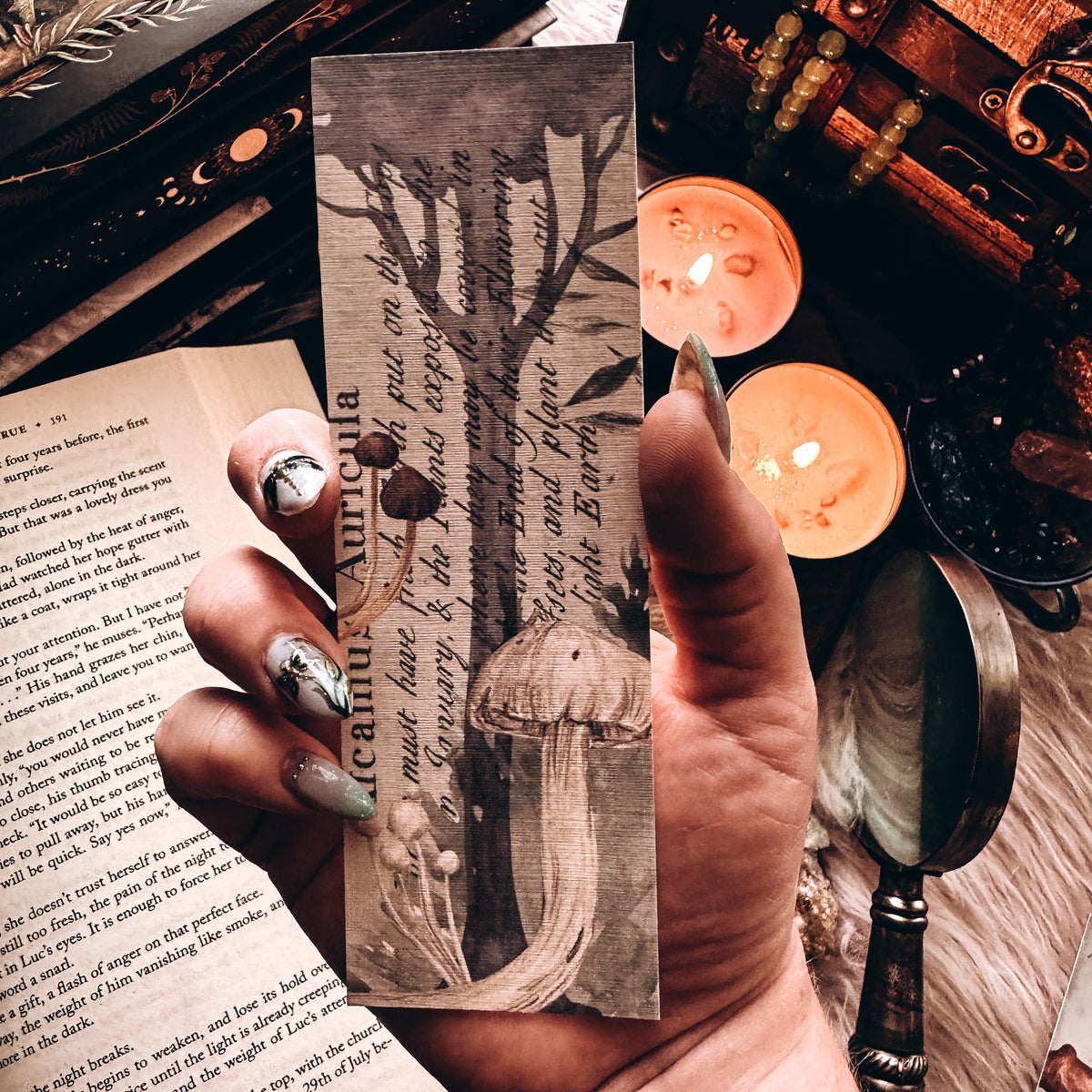 Botanical Mushroom Bookmark, Handmade Watercolor Dark Cottagecore Gift for Reader, Gothic Witchy Herbalist Gift