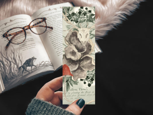 Dark Cottagecore Mushroom Bookmark, Handmade Watercolor Skull Botanical Gift for Reader, Gothic Witchy Herbalist Gift