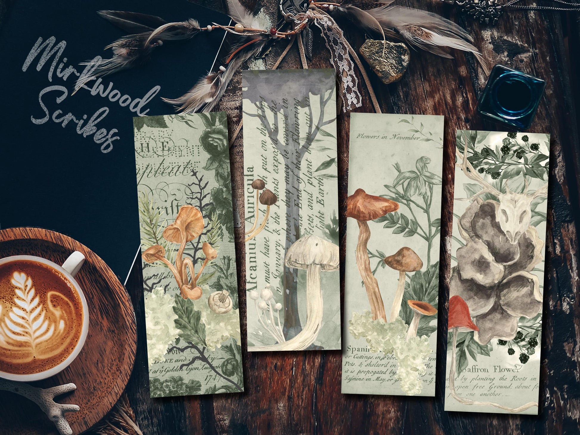Watercolor Mushroomcore Bookmark, Handmade Dark Cottagecore Botanical Mushroom Gift for Reader, Gothic Witchy Herbalist Gift