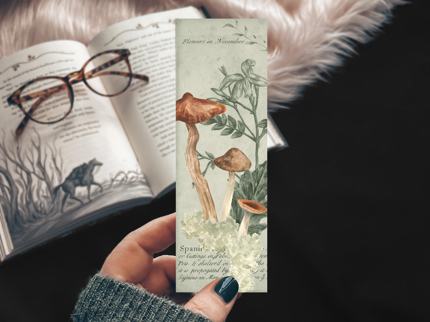 Watercolor Mushroomcore Bookmark, Handmade Dark Cottagecore Botanical Mushroom Gift for Reader, Gothic Witchy Herbalist Gift