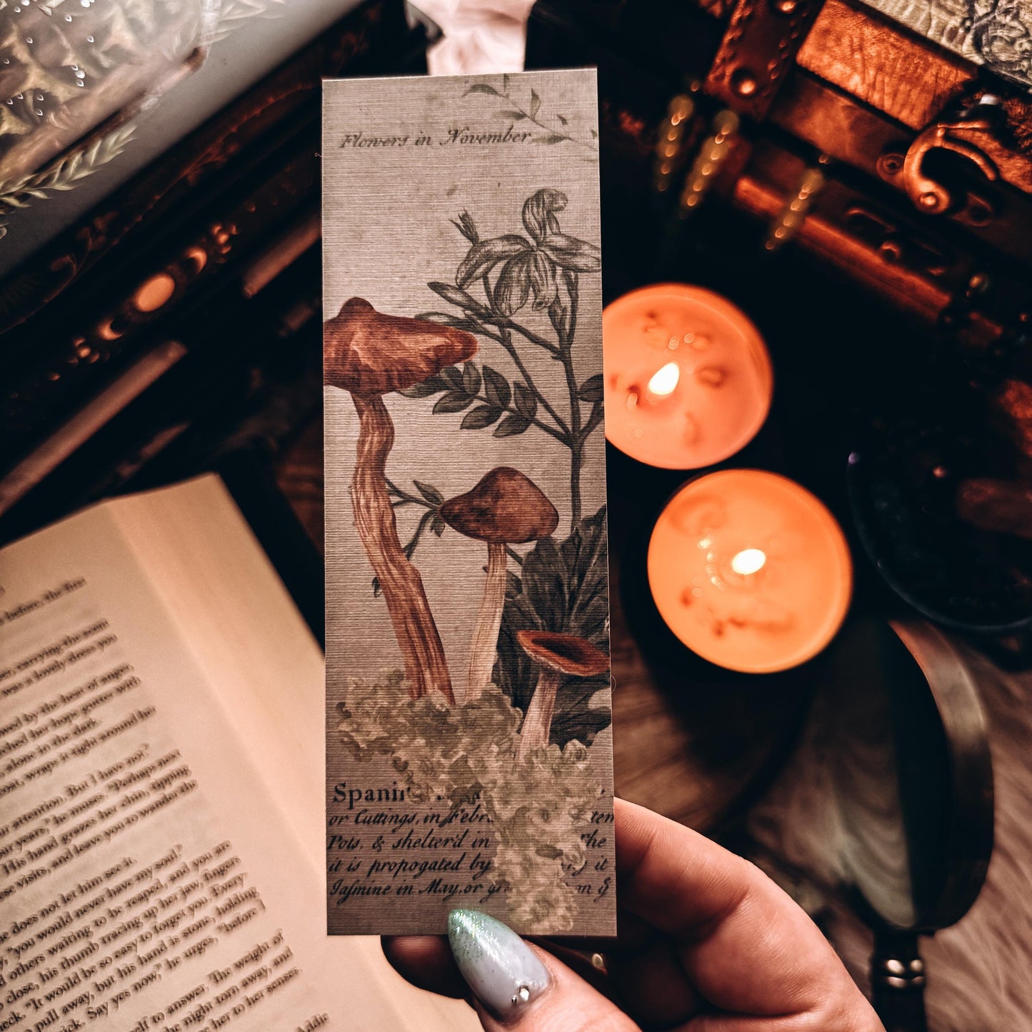 Watercolor Mushroomcore Bookmark, Handmade Dark Cottagecore Botanical Mushroom Gift for Reader, Gothic Witchy Herbalist Gift