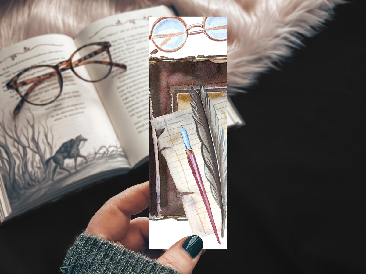 Dark Academia Bookmark, Quill Pen and Journal Watercolor Book Lover Gift, Writer Gift Reading Accessory