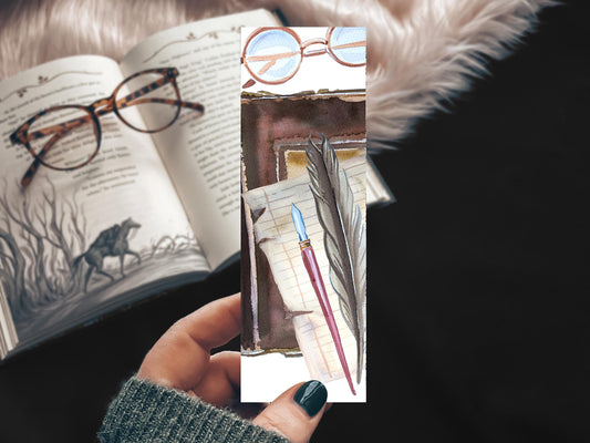 Dark Academia Bookmark, Quill Pen and Journal Watercolor Book Lover Gift, Writer Gift Reading Accessory