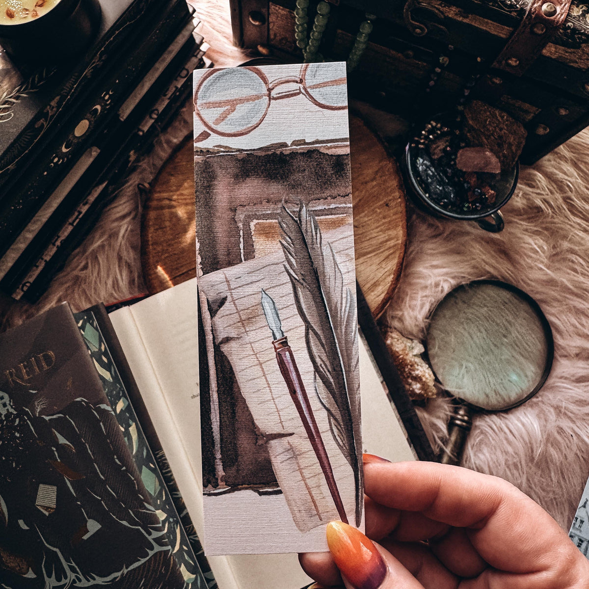 Dark Academia Bookmark, Quill Pen and Journal Watercolor Book Lover Gift, Writer Gift Reading Accessory