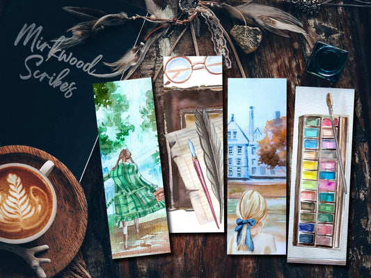 Dark Academia Set of 4 Printable Bookmarks, Watercolor Back to School Cottagecore Bookmark Set