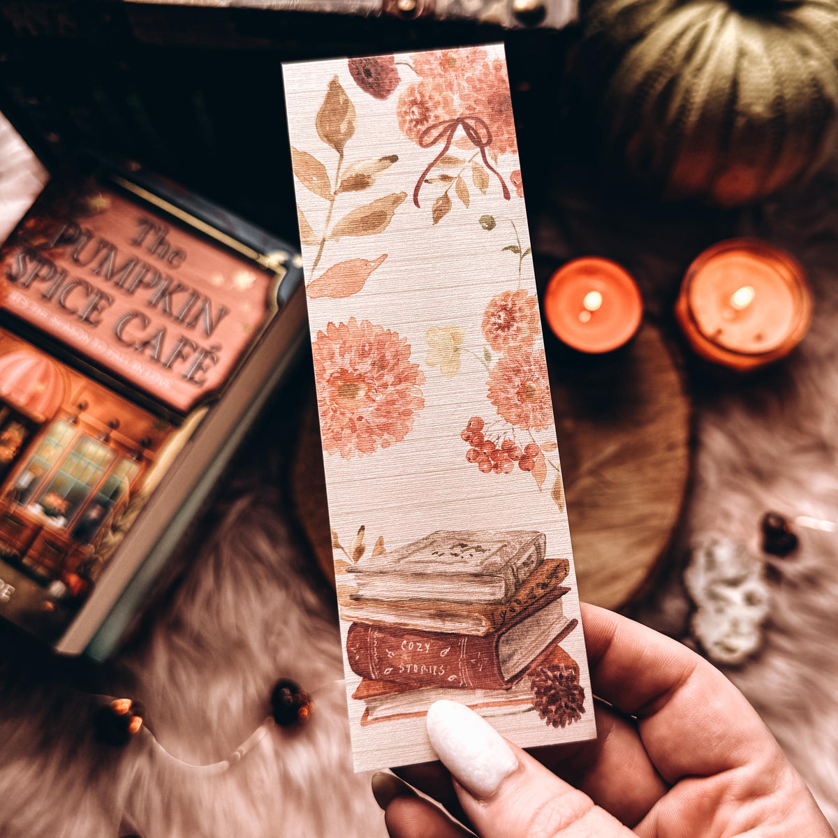 Fall Book Stack Handmade Bookmark, Floral Cottagecore Preppy Gift for Book Lover