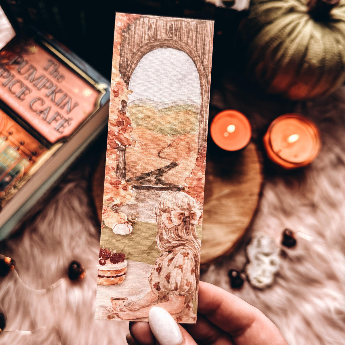 Fall Girl Cozy Bookmark, Autumn Leaves Watercolor Bookish Gift, Pumpkin Spice Reader Gift