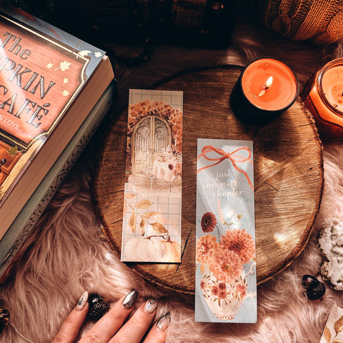 Printable Soft Fall Floral Watercolor Bookmarks, Digital File Print at Home Autumn Floral Leaves and Pumpkins with Bow and Book Stack
