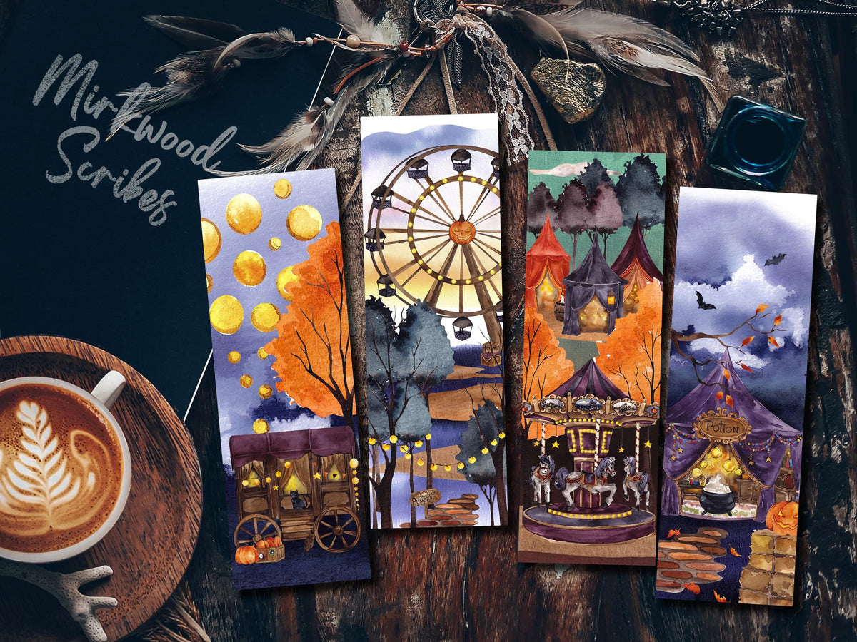 Spooky Carnival Halloween Bookmark, Creepy Carousel Horse Fall Watercolor Gift for Readers, Scary Circus Handmade Bookmark Set