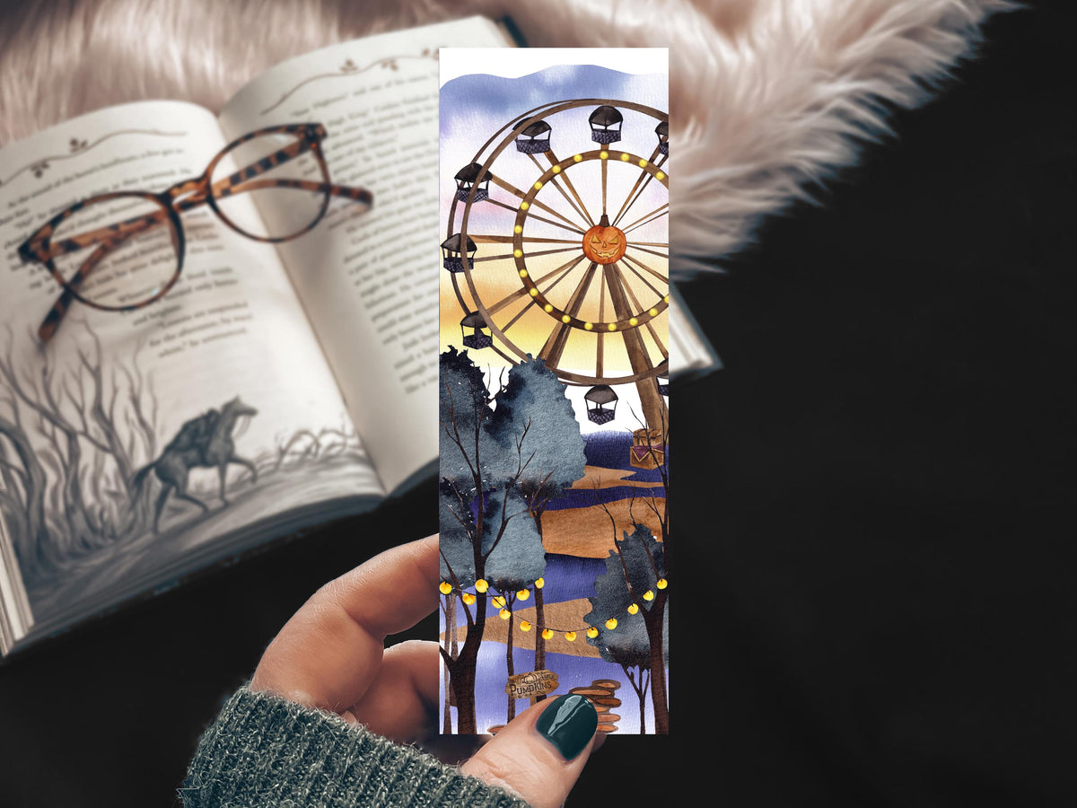Creepy Carnival Halloween Bookmark, Spooky Circus Fall Watercolor Gift for Readers, Ferris Wheel Handmade Bookmark Set