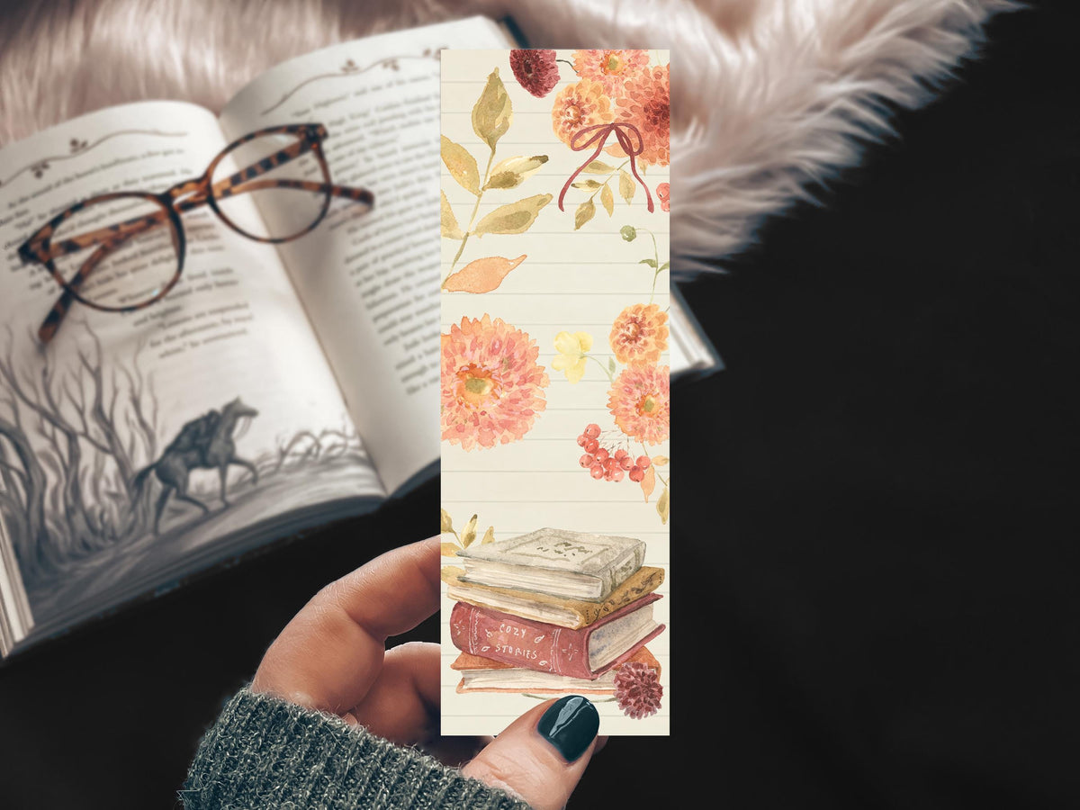 Fall Book Stack Handmade Bookmark, Floral Cottagecore Preppy Gift for Book Lover