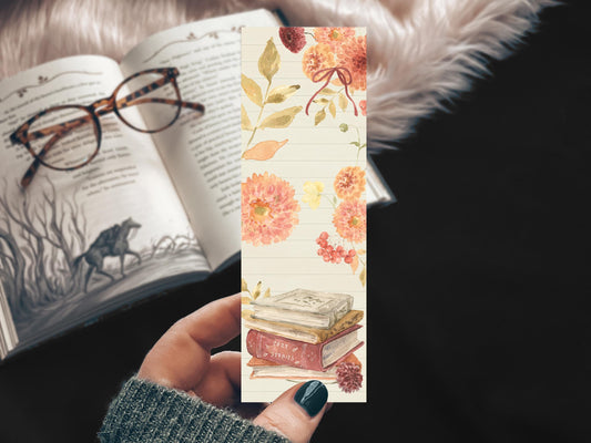 Fall Book Stack Handmade Bookmark, Floral Cottagecore Preppy Gift for Book Lover