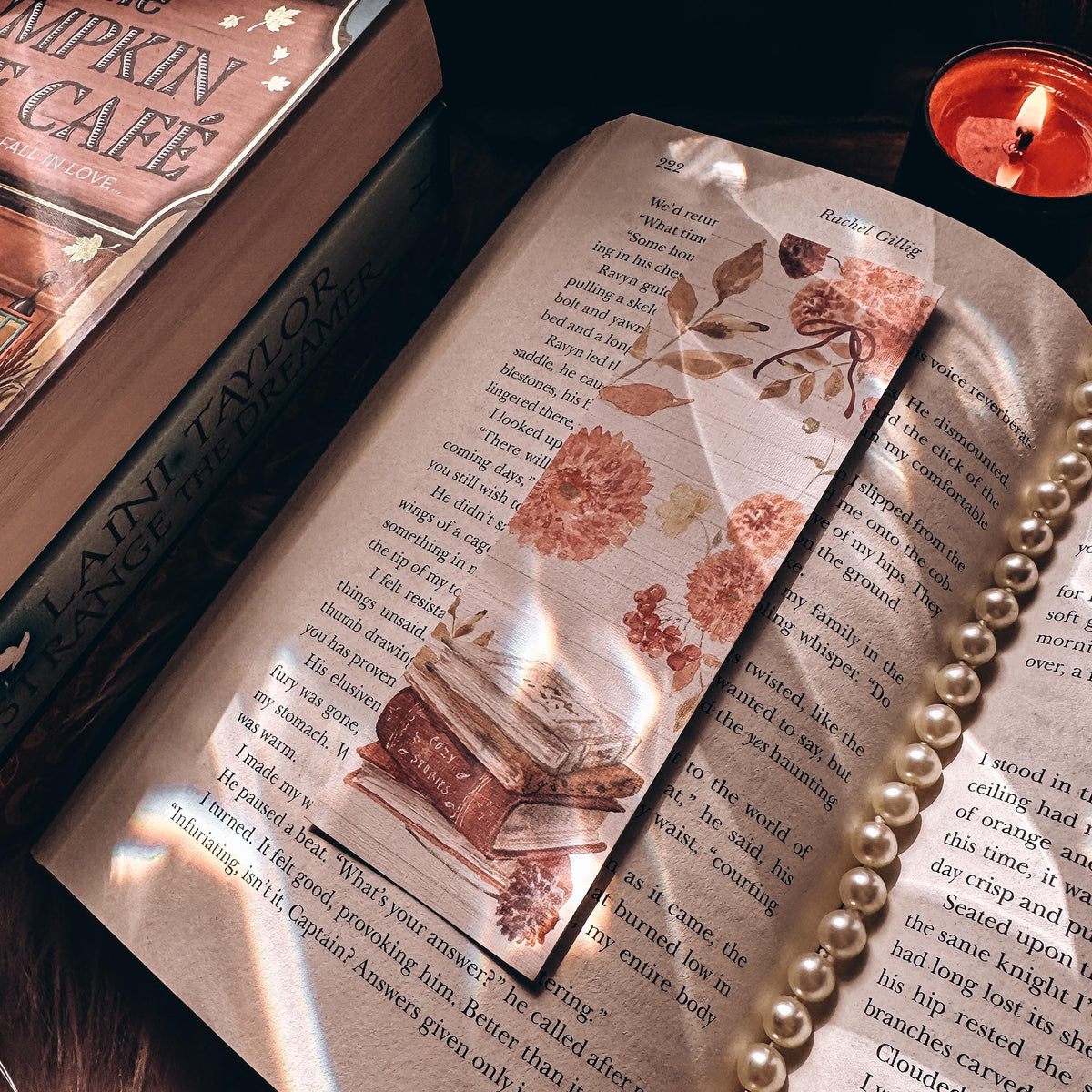 Fall Book Stack Handmade Bookmark, Floral Cottagecore Preppy Gift for Book Lover