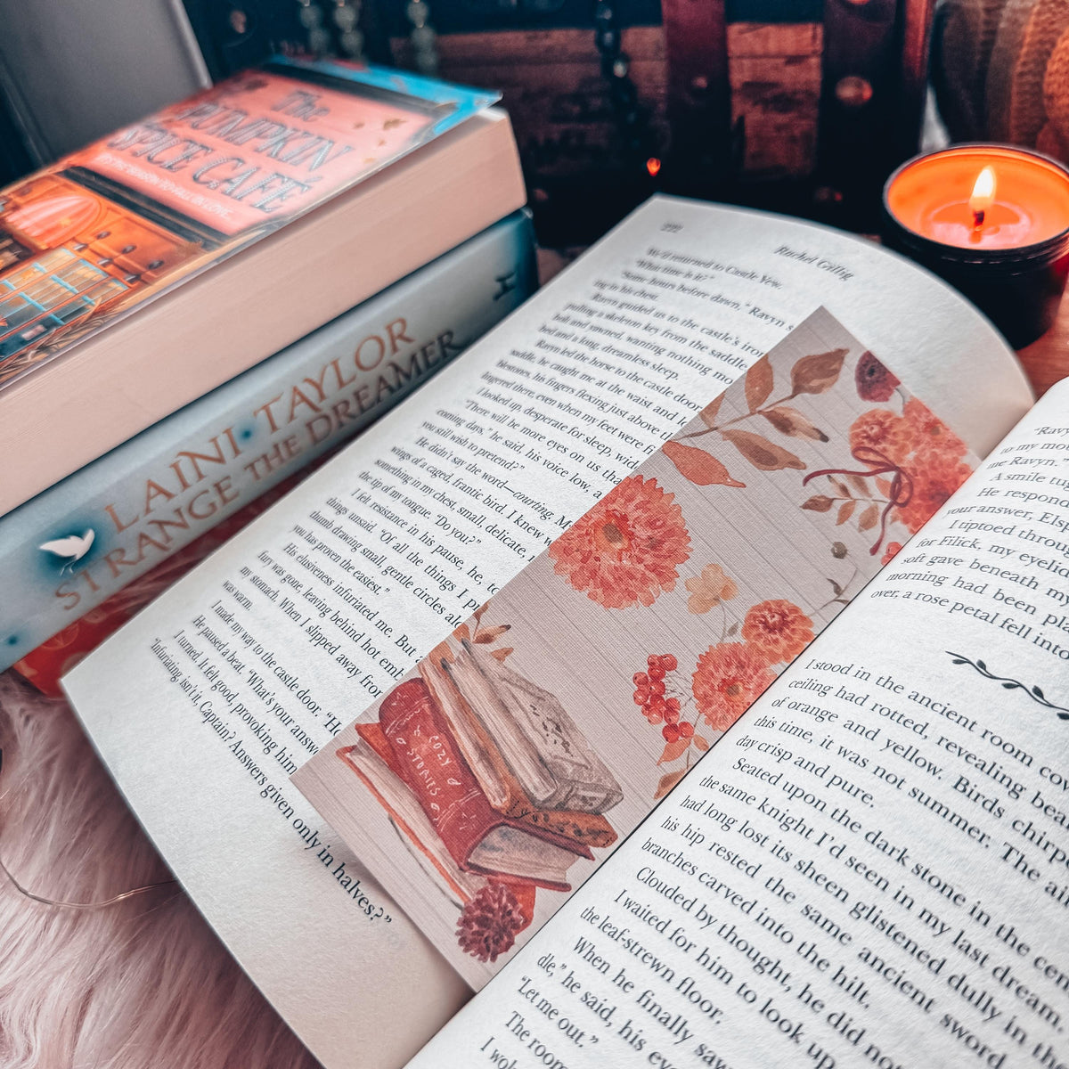 Fall Book Stack Handmade Bookmark, Floral Cottagecore Preppy Gift for Book Lover
