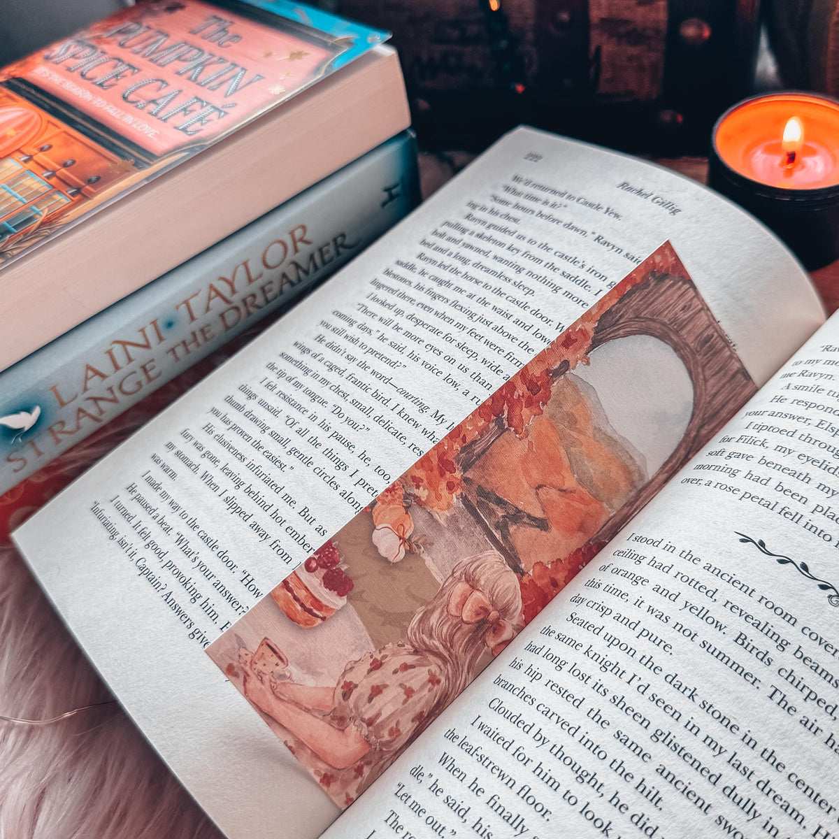 Fall Girl Cozy Bookmark, Autumn Leaves Watercolor Bookish Gift, Pumpkin Spice Reader Gift