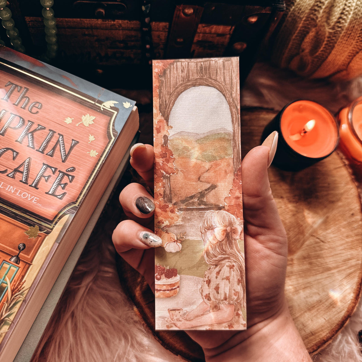 Fall Girl Cozy Bookmark, Autumn Leaves Watercolor Bookish Gift, Pumpkin Spice Reader Gift