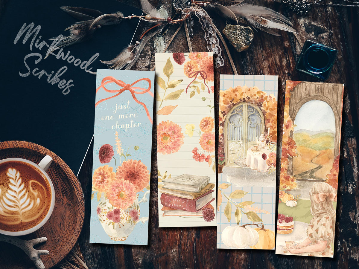 Printable Soft Fall Floral Watercolor Bookmarks, Digital File Print at Home Autumn Floral Leaves and Pumpkins with Bow and Book Stack