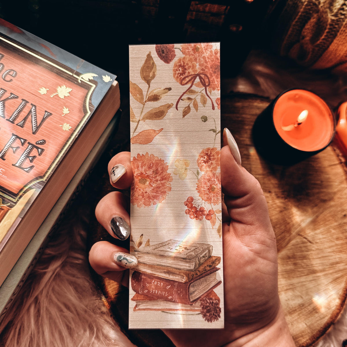 Printable Soft Fall Floral Watercolor Bookmarks, Digital File Print at Home Autumn Floral Leaves and Pumpkins with Bow and Book Stack