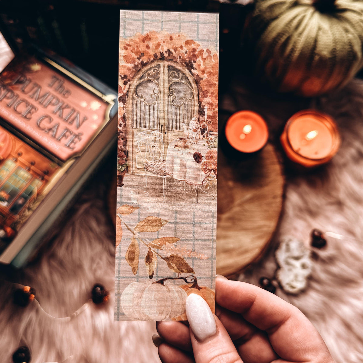 Printable Soft Fall Floral Watercolor Bookmarks, Digital File Print at Home Autumn Floral Leaves and Pumpkins with Bow and Book Stack
