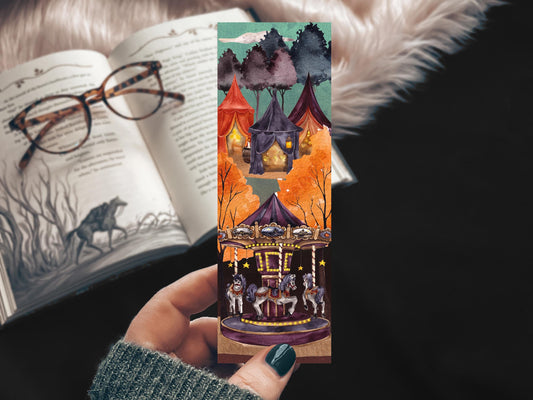 Spooky Carnival Halloween Bookmark, Creepy Carousel Horse Fall Watercolor Gift for Readers, Scary Circus Handmade Bookmark Set
