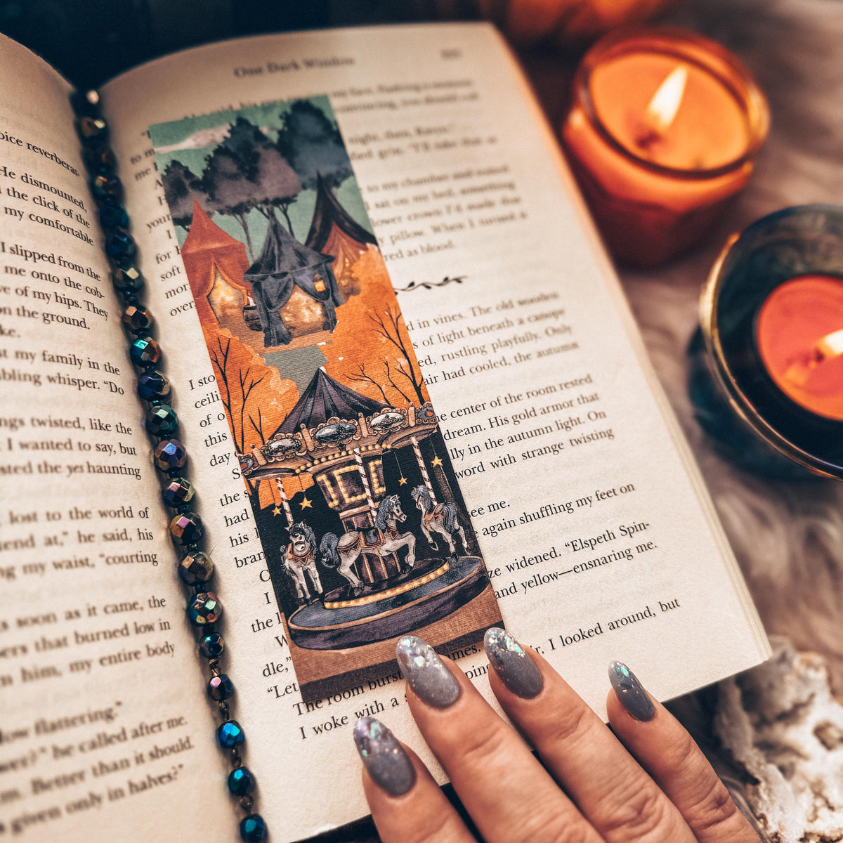 Spooky Carnival Halloween Bookmark, Creepy Carousel Horse Fall Watercolor Gift for Readers, Scary Circus Handmade Bookmark Set