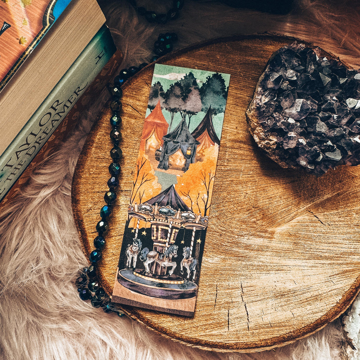 Spooky Carnival Halloween Bookmark, Creepy Carousel Horse Fall Watercolor Gift for Readers, Scary Circus Handmade Bookmark Set