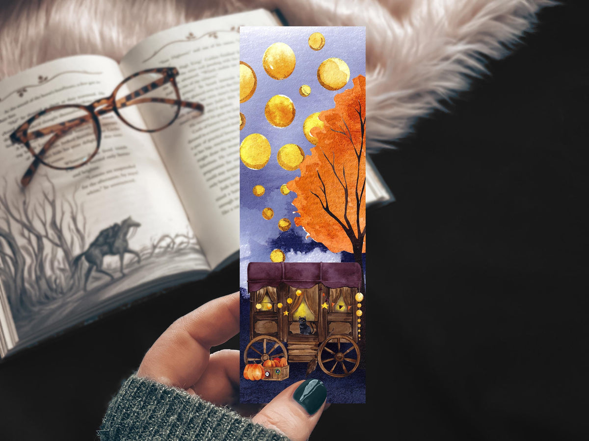 Creepy Festival Halloween Bookmark, Spooky Cat Fall Watercolor Gift for Readers, Scary Circus Handmade Bookmark Set