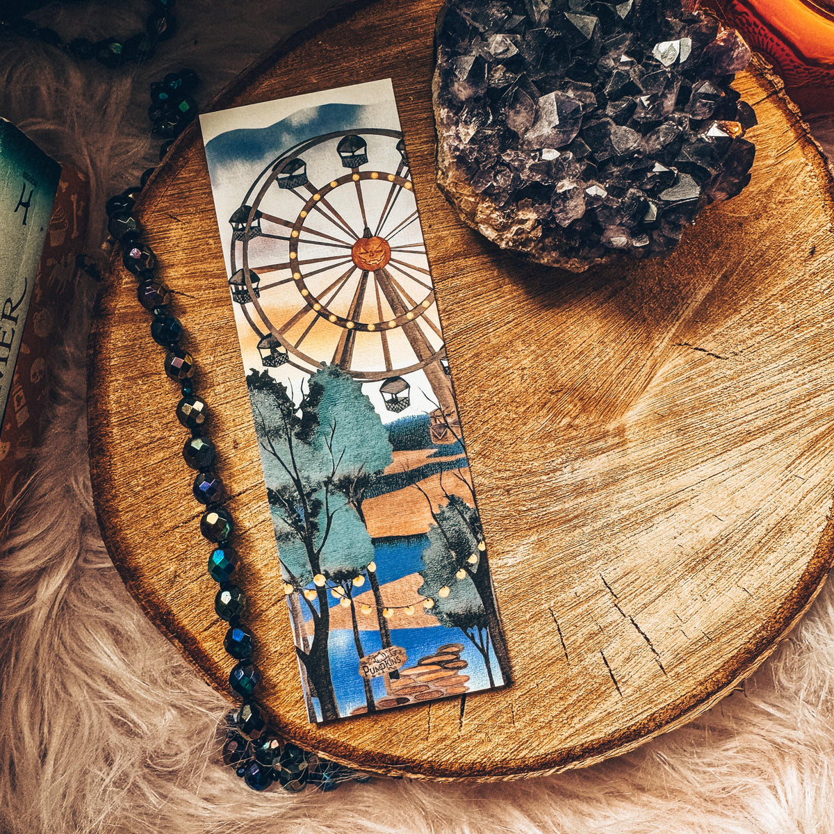 Creepy Carnival Halloween Bookmark, Spooky Circus Fall Watercolor Gift for Readers, Ferris Wheel Handmade Bookmark Set