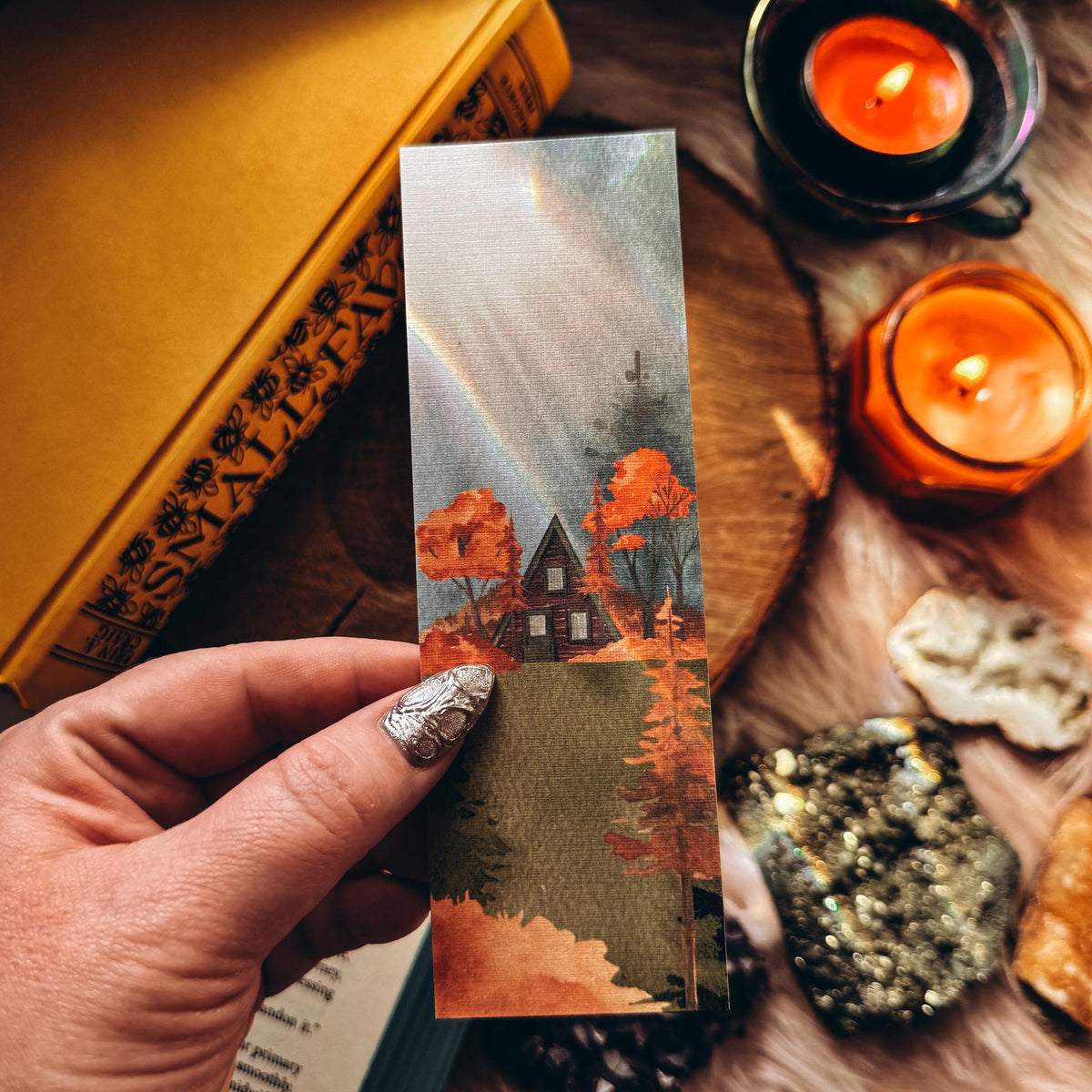Fall A-frame Cabin Landscape Bookmark, Autumn Bookish Gift for Reader