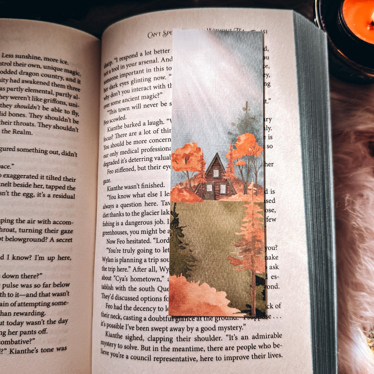 Fall A-frame Cabin Landscape Bookmark, Autumn Bookish Gift for Reader