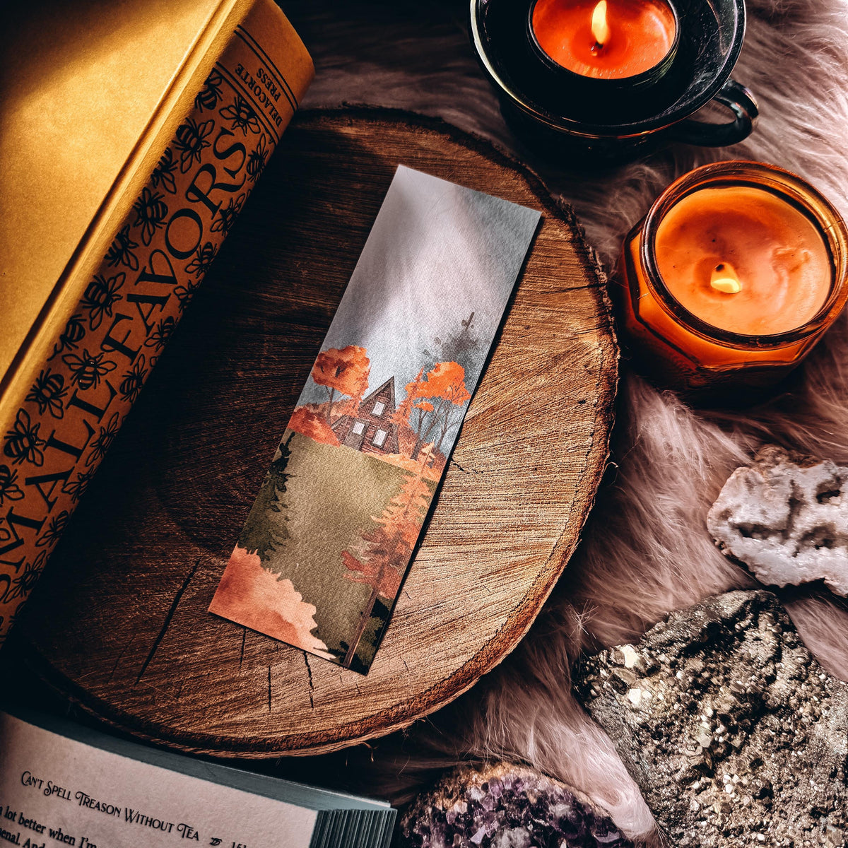 Fall A-frame Cabin Landscape Bookmark, Autumn Bookish Gift for Reader