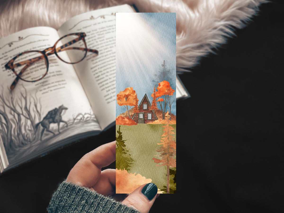 Fall A-frame Cabin Landscape Bookmark, Autumn Bookish Gift for Reader