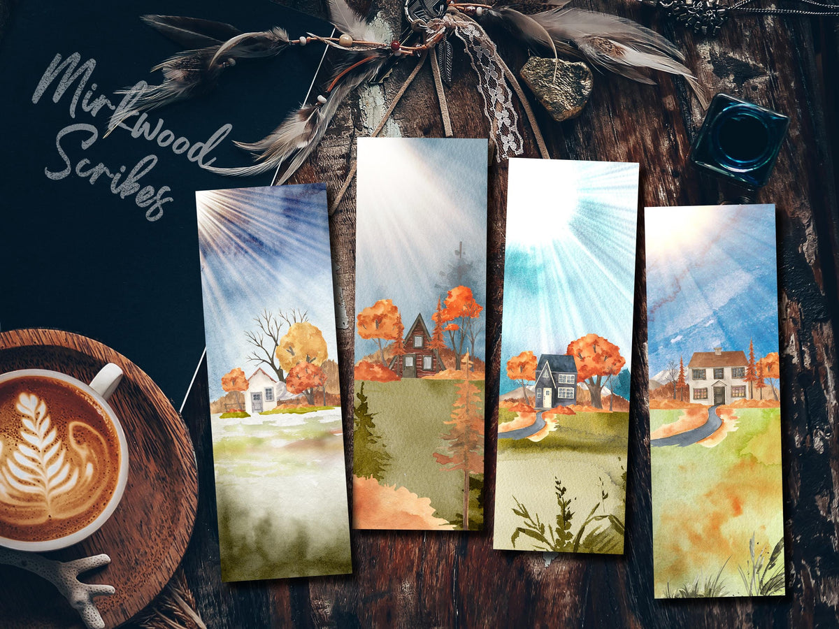 Fall A-frame Cabin Landscape Bookmark, Autumn Bookish Gift for Reader