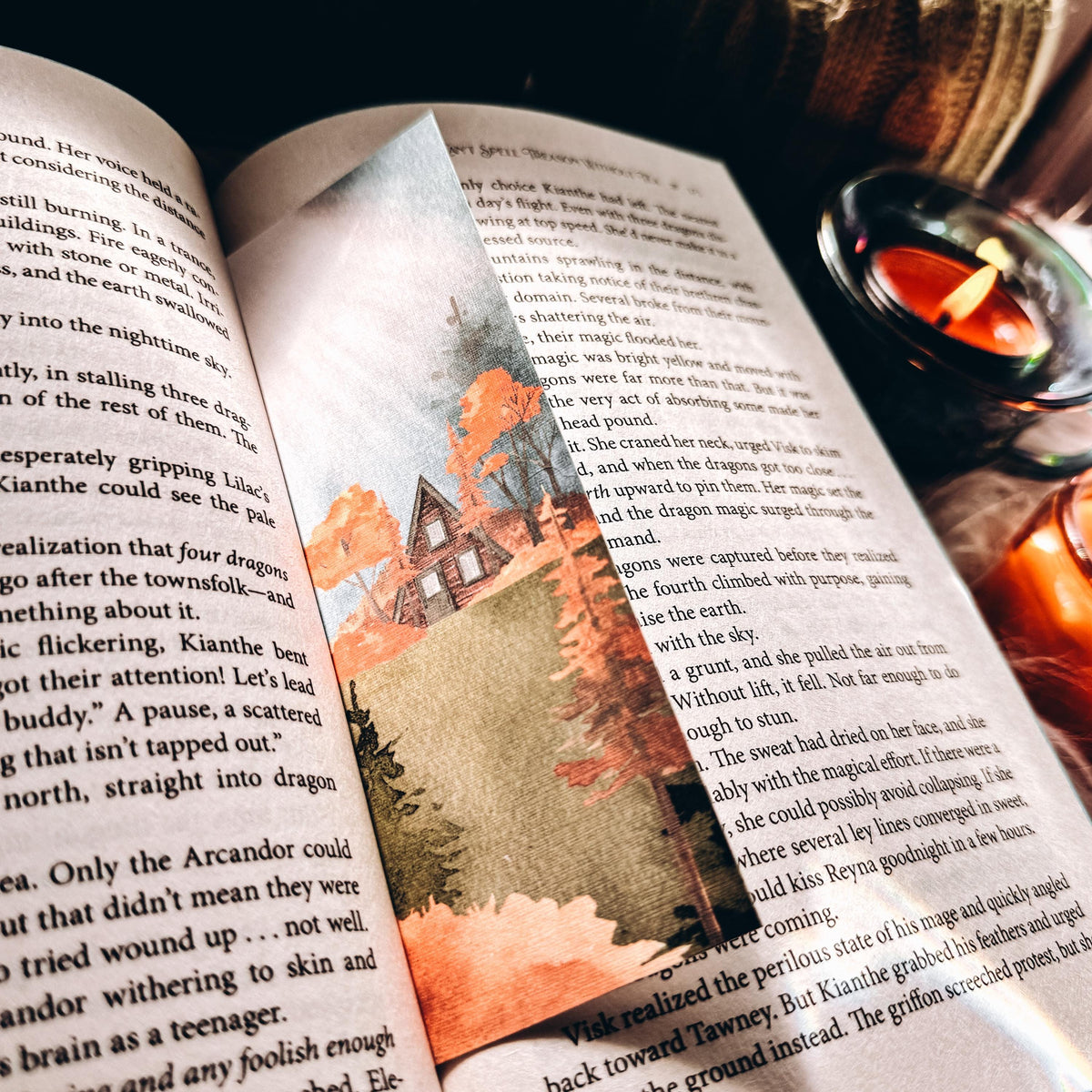 Fall A-frame Cabin Landscape Bookmark, Autumn Bookish Gift for Reader
