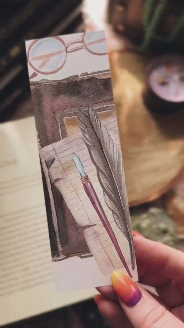 Dark Academia Bookmark, Quill Pen and Journal Watercolor Book Lover Gift, Writer Gift Reading Accessory