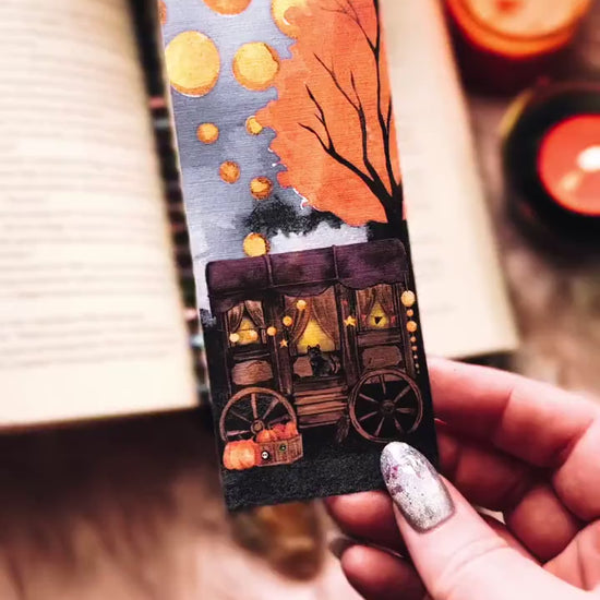 Creepy Festival Halloween Bookmark, Spooky Cat Fall Watercolor Gift for Readers, Scary Circus Handmade Bookmark Set