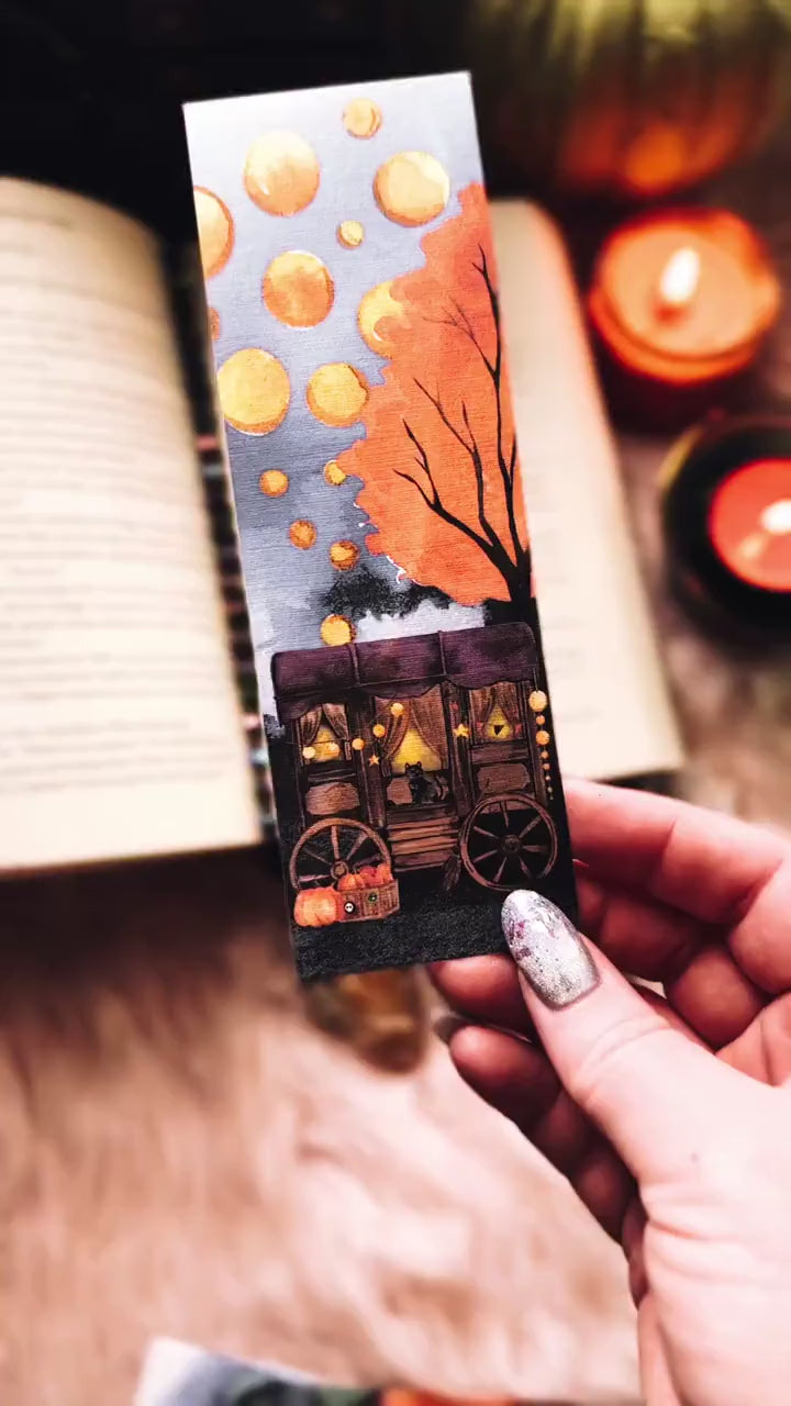 Creepy Festival Halloween Bookmark, Spooky Cat Fall Watercolor Gift for Readers, Scary Circus Handmade Bookmark Set