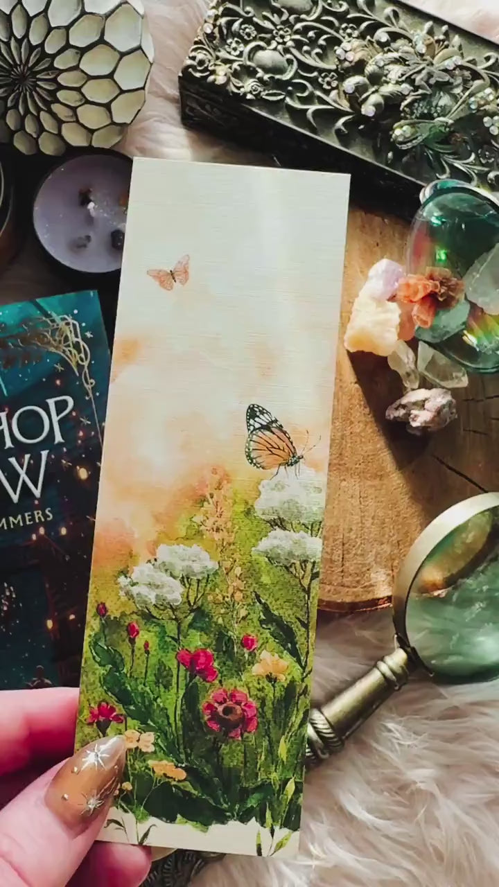 Watercolor Butterfly Meadow Bookmark, Monarch Art Illustration Handmade Spring Bookmarks