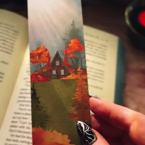 Fall A-frame Cabin Landscape Bookmark, Autumn Bookish Gift for Reader