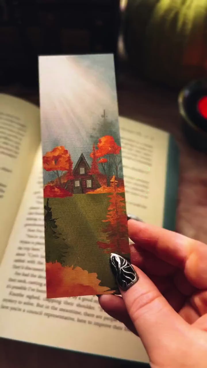 Fall A-frame Cabin Landscape Bookmark, Autumn Bookish Gift for Reader