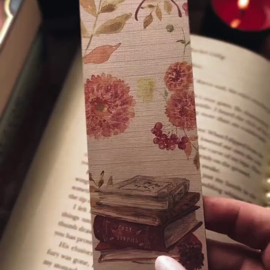 Fall Book Stack Handmade Bookmark, Floral Cottagecore Preppy Gift for Book Lover