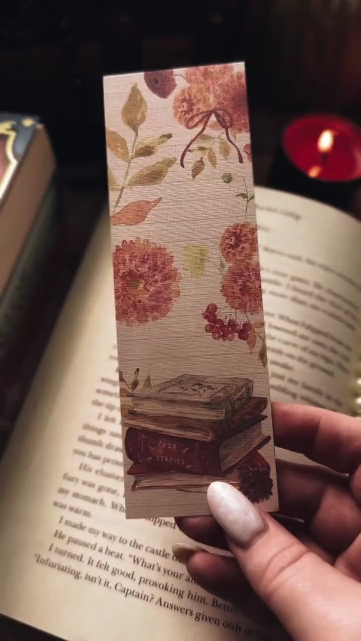 Fall Book Stack Handmade Bookmark, Floral Cottagecore Preppy Gift for Book Lover