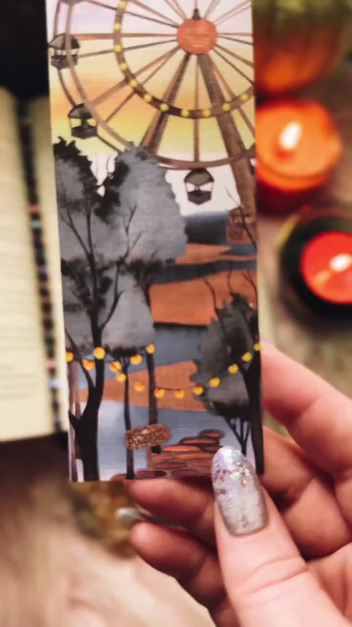 Creepy Carnival Halloween Bookmark, Spooky Circus Fall Watercolor Gift for Readers, Ferris Wheel Handmade Bookmark Set