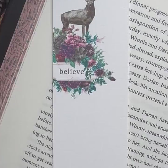 Floral Deer Bookmark, Believe Handmade Linen Paper Bookmark with Stag and Forest Florals, Mauve Fantasy Woods Whimsical Reader Gift