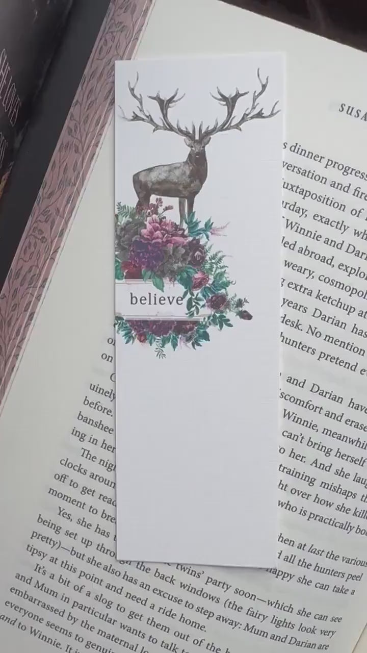 Floral Deer Bookmark, Believe Handmade Linen Paper Bookmark with Stag and Forest Florals, Mauve Fantasy Woods Whimsical Reader Gift